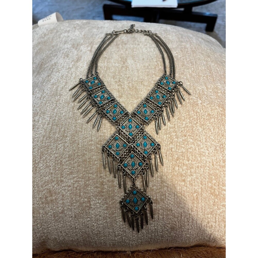 Vintage Ornate Silvertone Fringed  Collar Bib Statement Necklace faux turquoise